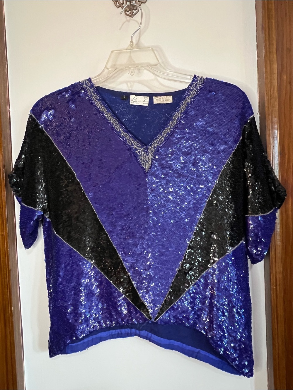 Vintage Sequin V-Neck Blouse in Royal Purple & Black with Silver Detailing